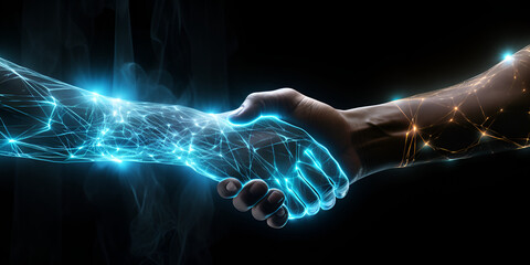 Glowing handshake technology business trust concept with black background 