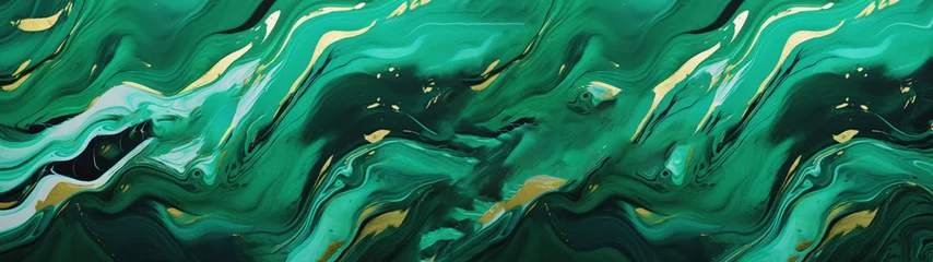 Fotobehang Marbled oil acryl painted texture, liquid fluid abstract background, green, blue, golden banner © Gertrud