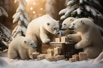 Fotobehang polar bear in the snow with Xmas gifts © fadi