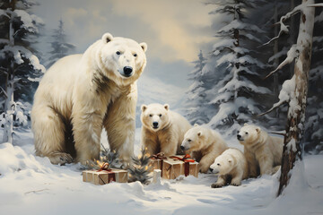 polar bear in the snow with Xmas gifts - Powered by Adobe