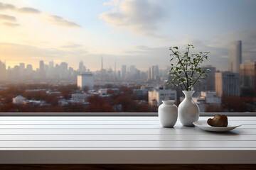 Fototapeta na wymiar white table top with blur background
