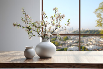 Fototapeta na wymiar white table top with blur background