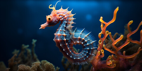 little seahorse in underwater with blue blur background - obrazy, fototapety, plakaty