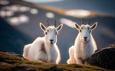 Mountain goats in a Norwegian Mountain springtime 