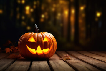 Halloween Pumpkin with Glowing Eyes, Forest Sunset Halloween Scene