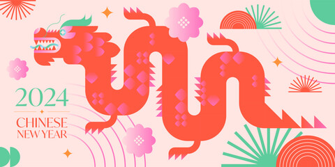 Year of the dragon 2024.Chinese New Year greeting banner template.Festive vector background in flat modern style with geometric symbols.Holidays design for branding,invitations,prints,social media