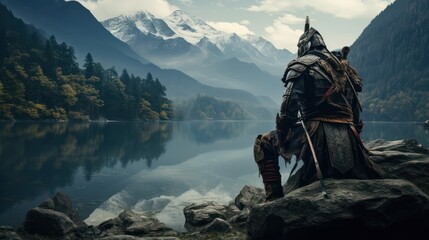 Samurai in armor against the backdrop of mountains and rivers
 - obrazy, fototapety, plakaty