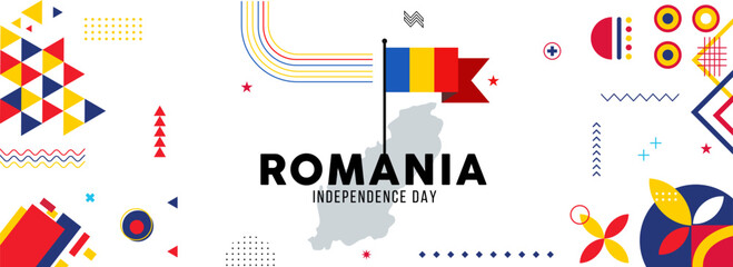 Map and flag of romania national or independance day banner. flag colors theme background and geometric abstract retro modern colorfull design - obrazy, fototapety, plakaty