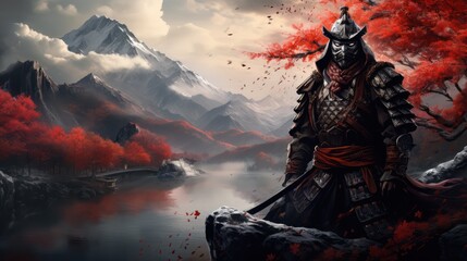 Samurai in armor against the backdrop of mountains and rivers
 - obrazy, fototapety, plakaty