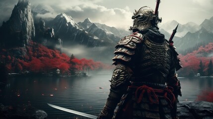 Samurai in armor against the backdrop of mountains and rivers
