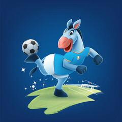 donkey mascot dribbles with soccer ball in the stadium - 660563779