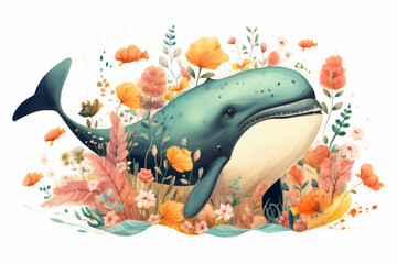 A painting of a whale surrounded by flowers, Generative AI