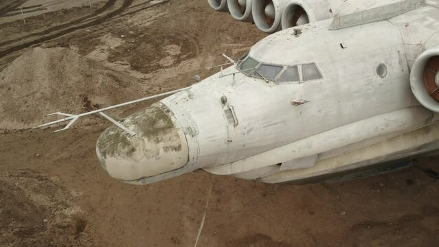 Soviet military aircraft ekranoplan Lun on the coast of the Caspian Sea. Aerial photography. Detailed shooting. Dagestan, Derbent.