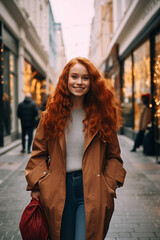 Obraz premium Close-up portrait of a smiling girl in a coat with red hair with a shopping bag standing on the street. Concept of store, shopping, customers, sale