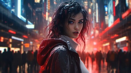 girls in anime style against the backdrop of a neon cyberpunk city