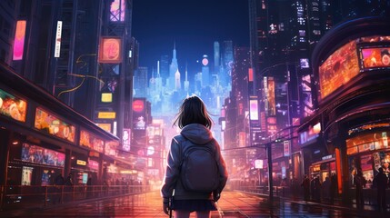 girls in anime style against the backdrop of a neon cyberpunk city