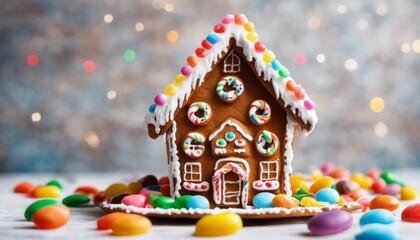 A gingerbread house with colorful candies, leaving room above for a festive message.