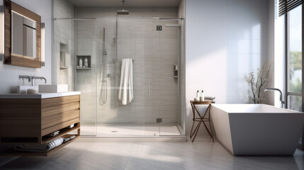 Bathroom with a freestanding tub and a glass-tiled shower and an illuminated vanity