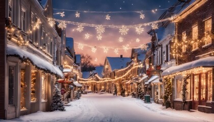 A picturesque small town covered in snow, with charming storefronts adorned in holiday lights. - obrazy, fototapety, plakaty
