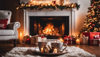 A cozy living room with a lit fireplace, holiday decorations, and a cup of hot cocoa.