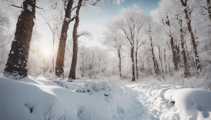 A winter hike through a snow-covered forest with open sky space for an adventurous quote or message