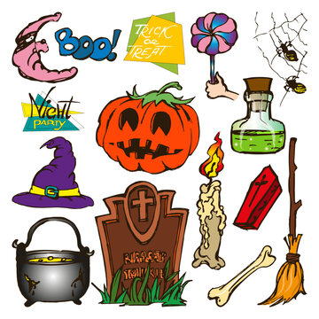 Set of vector pictures for Halloween. Pumpkin, grave, poison, moon, lollipop, cobweb, candle, cauldron, witch's hat, coffin, bone, broom. Sketch, cartoon, icons, symbols, signs, emblems