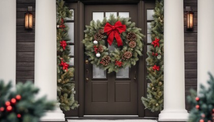 Fototapeta na wymiar an image of a Christmas wreath on a front door, inviting viewers to 'Step into the Holiday [Blank Space]' with a personalized message.