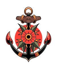 anchor and flower tattoo illustration design