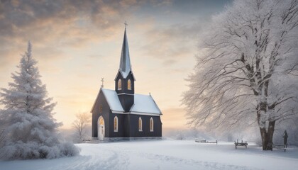 Fototapeta na wymiar Create a serene image of a snowy landscape with a peaceful church adorned in Christmas [Blank Space] for adding text or a message