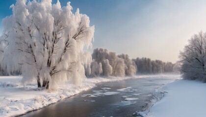 A beautiful winter landscape with snow-covered trees and a frozen river.