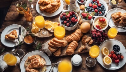 A joyful New Year's Day brunch scene with a table full of delicious breakfast foods and mimosas.