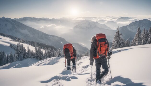 An image of a New Year's Day hike in a snow-covered mountain landscape, with snowshoes and backpacks.