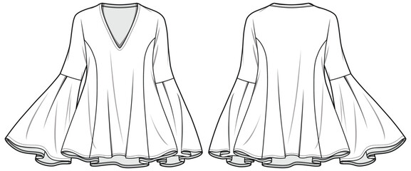 Women a line angel sleeve blouse with v neck details design flat sketch fashion illustration drawing with front and back view