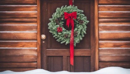 A holiday wreath on a snowy cabin door, with a clear space for a personalized 'Happy Holidays' sign on the door.