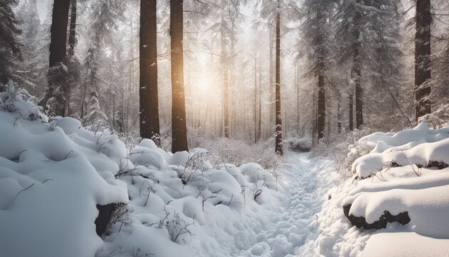 A serene, snow-covered forest with a trail leading into the wilderness, offering an open area for an inspirational quote.