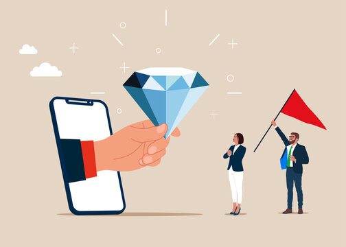 Quality. Hand salesman out of phone with precious high value diamond. Flat vector illustration