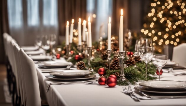 An image of a festive holiday dinner with elegant table settings and blank place cards for customization beside each seat