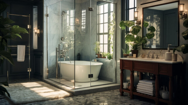 Bathroom with a glass shower enclosure and a heated floor and a marble vanity