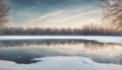 A serene winter landscape with a frozen lake and open sky space for an introspective quote or...