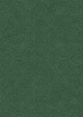 Hand-drawn unique abstract symmetrical seamless ornament. Bright semi transparent green on a deep warm green background. Paper texture. Digital artwork, A4. (pattern: p07-2d)