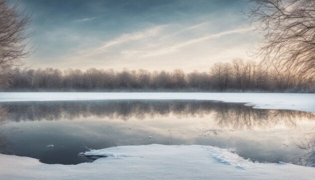 Magical Winter Wonderland with a Frozen Lake and Snow Covered