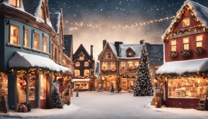 A beautiful Christmas village scene with blank signs on the storefronts for custom shop names and...