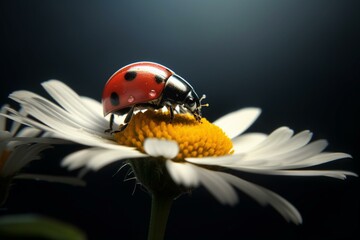 A ladybug on a daisy with a dark and blurred background. Generative AI