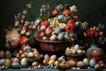 An artwork depicting a collection of decorated Easter eggs surrounded by flowers and displayed in a basket. Generative AI