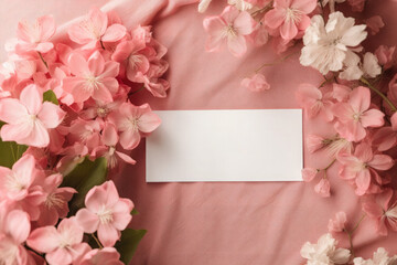 White clothing tag or label in the center of cherry blossom branches on pink fabric. Free space for product placement or advertising text.