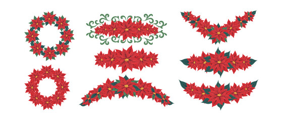 Floral frame, border, red poinsettia flower divider. A set of floral decor for the design of cards, banners, invitations, Christmas and New Year wreath celebrations and other holiday. Vector.