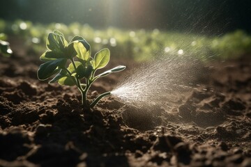 Image of watering a crop plant in a drought, representing climate change. Generative AI