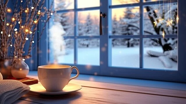 cup of coffee on the window with snowfall in the winter with cartoon or anime style. seamless looping time-lapse virtual 4k video animation background.	