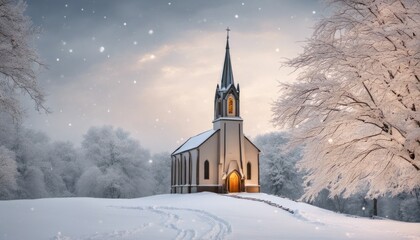 A serene image of a snowy landscape with a peaceful church adorned in Christmas [Blank Space] for adding text or a message - obrazy, fototapety, plakaty