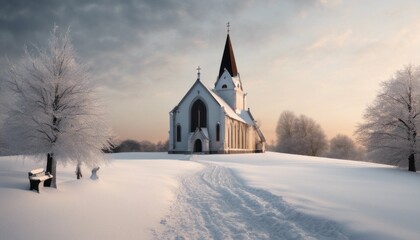 Fototapeta na wymiar A serene image of a snowy landscape with a peaceful church adorned in Christmas [Blank Space] for adding text or a message